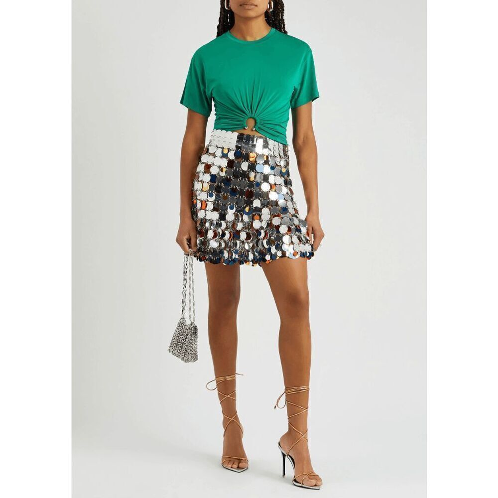Paco Rabanne Paillette Chainmail Sequin Mini Skirt Silver Metal Multi Size 10